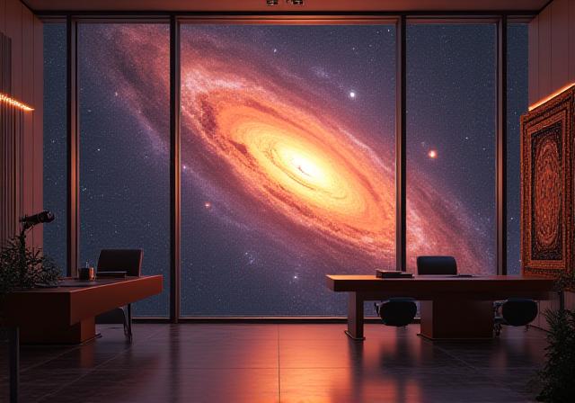 A high-tech executive office overlooking a swirling nebula in the night sky