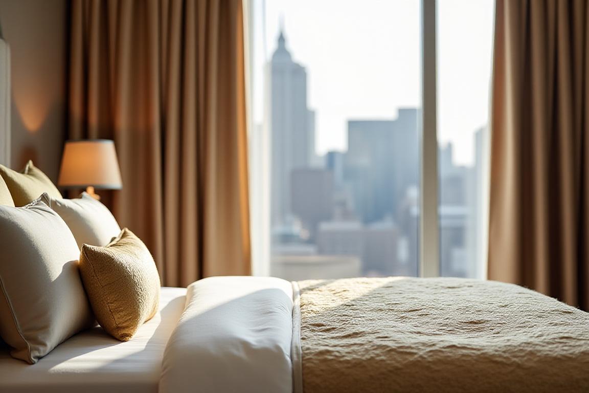 Boutique hotel room in New York with luxury linens